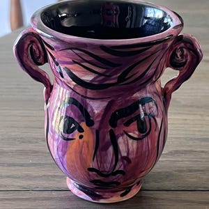 Keramikvase mit Gesichtsmotiv, handbemalt, Y2K-Stil, handsigniert, 12,7 cm (5 Zoll)