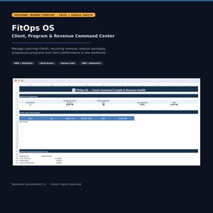 以下が含まれることがあります： パーソナルトレーナー向けのFitOps OSというデジタルスプレッドシートテンプレート。インターフェースには、クライアント管理、継続的な収益、セッション追跡のためのダッシュボードが表示され、コーチングKPI、アクティブなクライアントステータス、キャッシュフローのセクションが含まれています。