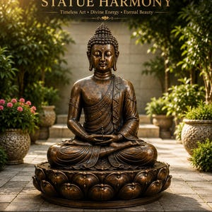 Könnte beinhalten: Eine bronzefarbene Buddha-Statue in meditativer Haltung, sitzend auf einem Sockel in Lotusform. Der Text STATUE HARMONY steht oben, mit weiterem Text wie PREMIUM QUALITY, SPIRITUAL DECOR und MEANINGFUL GIFT am unteren Rand.