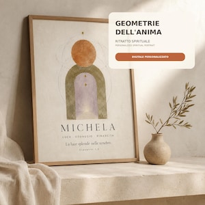 Può includere: Una stampa incorniciata con un'illustrazione astratta di un cerchio arancione bruciato sopra un arco verde salvia e lavanda. Il testo recita GEOMETRIE DELL'ANIMA, RITRATTO SPIRITUALE, PERSONALIZED SPIRITUAL PORTRAIT, MICHELA, LUCE, CORAGGIO, RINASCITA, La luce splende nelle tenebre, Giovanni 1,5.