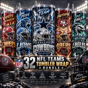 Peut inclure: Un ensemble numérique de cinq modèles de gobelets skinny de 20 oz avec des graphismes d'équipes NFL : Chiefs, Lions, Cowboys, 49ers et Eagles. Chaque design inclut des casques, des skylines et des slogans. L'image affiche le texte NFL TEAMS TUMBLER WRAP BUNDLE.
