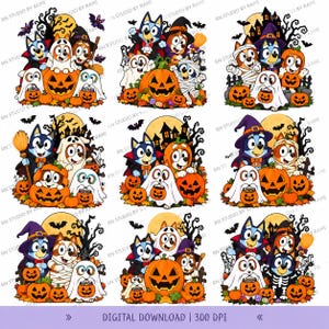 May include: A digital collection of nine Halloween-themed illustrations featuring cartoon dogs dressed in costumes like ghosts, vampires, mummies, and witches, surrounded by jack-o'-lanterns, bats, and haunted houses, with the text Digital Download 300 DPI.