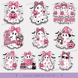 Könnte beinhalten: Eine Sammlung von elf digitalen Illustrationen mit weißen Geistern, die mit rosa Schleifen, Kürbissen und Halloween-Motiven verziert sind. Die Designs enthalten Texte wie Spooky Season Besties, Just A Girl Who Loves Halloween und Spooky Books Happy Ghoul.