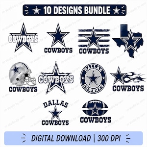 May include: A digital bundle of 10 Cowboys designs featuring navy blue and silver stars, football helmets, Texas state outlines, and flames. The text 10 DESIGNS BUNDLE and DIGITAL DOWNLOAD 300 DPI is included in the graphic set for sports fans.