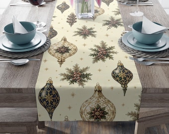 Victorian Christmas Table Runner: Vintage Ornaments and Foliage Holiday Dining Decor
