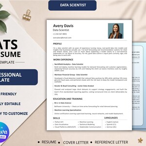 May include: A professional CV template for a data scientist, featuring a clean white layout with black text, a profile photo, sections for work experience, education, skills, and languages, plus a cover letter and reference letter document.