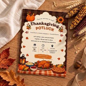 Uitnodiging voor een Thanksgiving-potluck, bewerkbare Canva-sjabloon met pompoen- en ruitjespatroon.