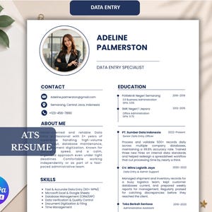 May include: A professional resume template featuring a clean white layout with dark blue text and headers. It includes a circular profile photo, sections for contact information, education, work experience, and skills, with the text DATA ENTRY.