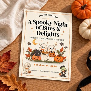 May include: A rectangular Halloween party invitation card featuring the text "You're Invited A Spooky Night of Bites & Delights Office Halloween Potluck October 31, 2026 Good food Share a laugh Join the fun" with illustrations of ghosts, a cat, and pumpkins.