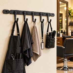 May include: A black wall-mounted rack with five hooks featuring a textured, bark-like finish. Hanging from the hooks are a black apron with pockets, a black cape, a beige towel, a black lanyard with a badge holder, and a black tool pouch.