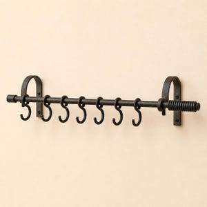 May include: A dark brown metal wall-mounted rack featuring a horizontal rod supported by two arched brackets. The rod includes seven removable S-shaped hooks hanging from it, and the right end of the rod features a coiled, spring-like metal detail.