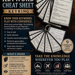 May include: A Magic: The Gathering keyword cheat sheet consisting of nine laminated cards attached to a metal key ring. Each white card features black text detailing game keyword abilities, printed on both sides for quick reference during play.