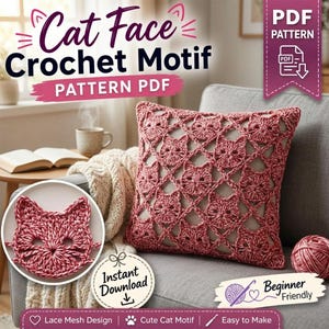 May include: A square throw pillow featuring a repeating cat face crochet motif in a variegated red and white yarn. The design includes a circular inset showing a single cat face motif, with text reading Cat Face Crochet Motif Pattern PDF.