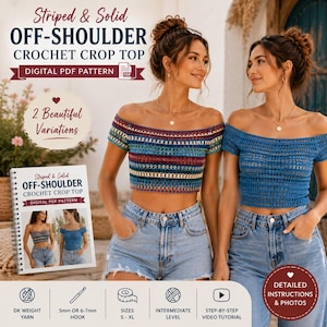 Crochet Top Pattern PDF, Off Shoulder Crop Top, Boho Striped Raglan Crochet Top, Summer Festival Top, Video Tutorial, Digital Download