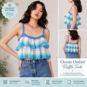 Puede incluir: Un patrón de ganchillo para una camiseta de tirantes con volantes Ocean Ombré, un camisón escalonado con tonos de acuarela en cascada de azul, blanco y verde. La descarga digital en PDF incluye instrucciones para este top sin mangas.