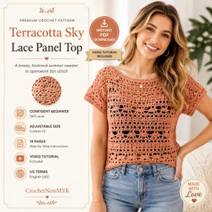 May include: A terracotta-colored crochet top featuring an openwork fan stitch pattern, a boat neckline, and short sleeves. The image includes text: Premium Crochet Pattern, Terracotta Sky Lace Panel Top, A breezy, boatneck summer sweater.