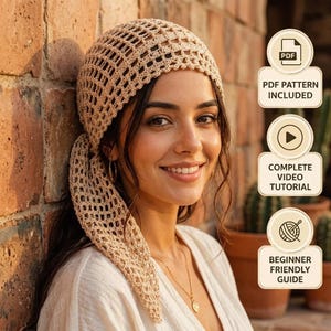 May include: A beige crochet headscarf featuring an open-work grid pattern with long ties. The image includes text labels indicating a PDF pattern included, a complete video tutorial, and a beginner friendly guide for this crochet project.