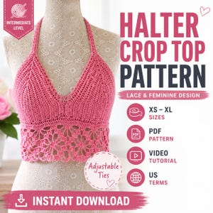 Mönster för halterneck, virkad halterneck-mönster i PDF-format, virkad crop top-mönster, handledning för sommarlinne, bohemisk spetsbralette XS-XL