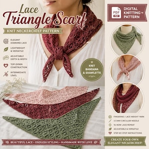 Puede incluir: Un patrón de tejido digital para un pañuelo triangular de encaje, con un pañuelo granate atado al cuello y tres pañuelos adicionales en rosa claro, granate y verde salvia. El texto incluye Lace Triangle Scarf, Knit Neckerchief Pattern y Knit Bandana & Shawlette.