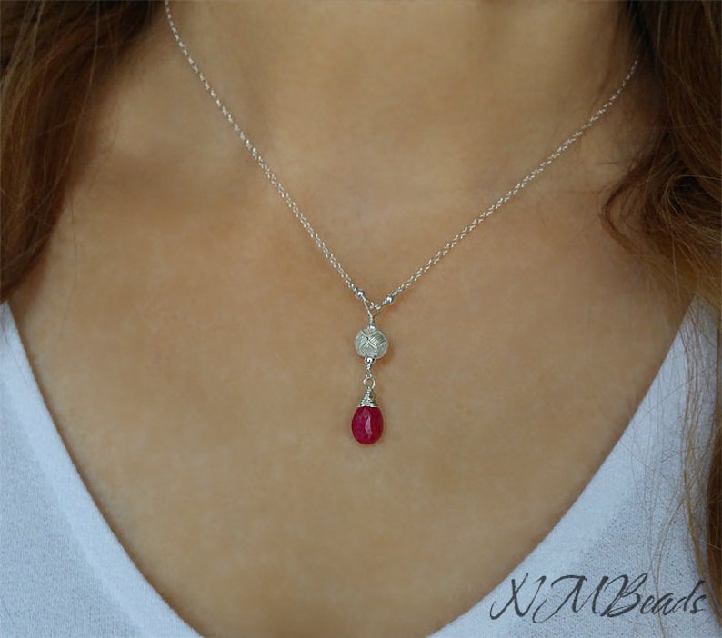 Ruby Y Necklace With Ball, Peardrop Ruby Necklace, Sterling Silver OOAK Ruby Jewelry, July Birthstone, Birthday Day Gift, Gift For Mother image 4