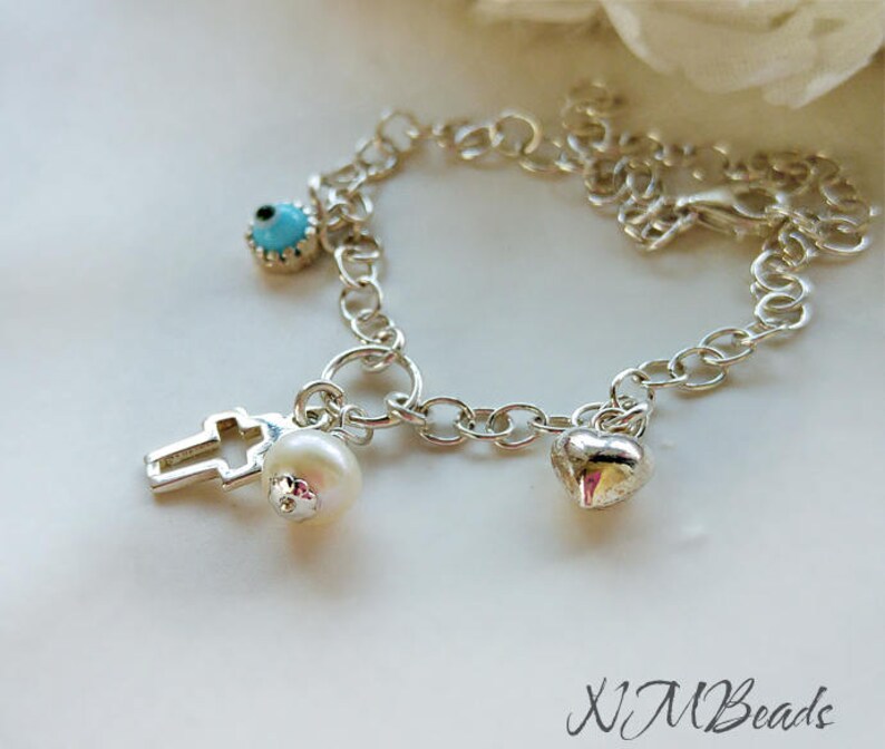 Kids Cross Charm Bracelet, Christening Baptism Gift For Boys Girls, Sterling Silver Charm Bracelet, Baby Protection Jewelry, Gift For Child image 3