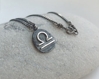 Mens Libra Necklace, Oxidized Silver Libra Sign Pendant, OOAK Rustic Horoscope Jewelry, Zodiac Astrology Jewelry, Birthday Gift For Him