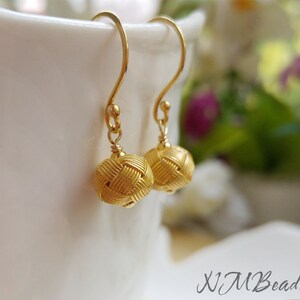 Gold Ball Dangle Earrings, Hand Knotted Tiny Ball Earrings, OOAK Fine Silver Jewelry, Mother of the Groom Gift, Anniversary Gift For Mom