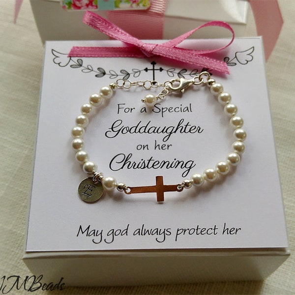 Personalized Christening Gift For Baby Girls Boys Infant Baptism Keepsake Pearl Bracelet With Cross Sterling Silver Newborn Jewelry For Kids