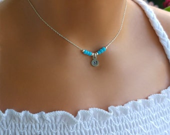 Initial Necklace For Girls, Turquoise Beaded Necklace, Sterling Silver Personalized Gift For Girls, Kids Jewelry, Birthday Gift For Children