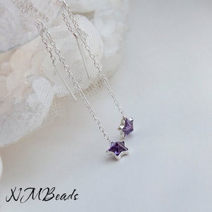 Delicate Amethyst CZ Tiny Star Threader Chain Earrings, Sterling Silver Star Ear Threads, Simple Celestial Jewelry, Birthday Gift For Girls
