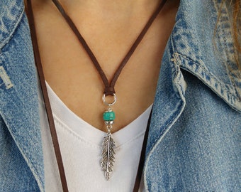 Boho Feather Necklace, Brown Deerskin Leather Necklace, Sterling Silver Feather Charm Necklace, Casual Everyday Boho Jewelry,  Gift For Her