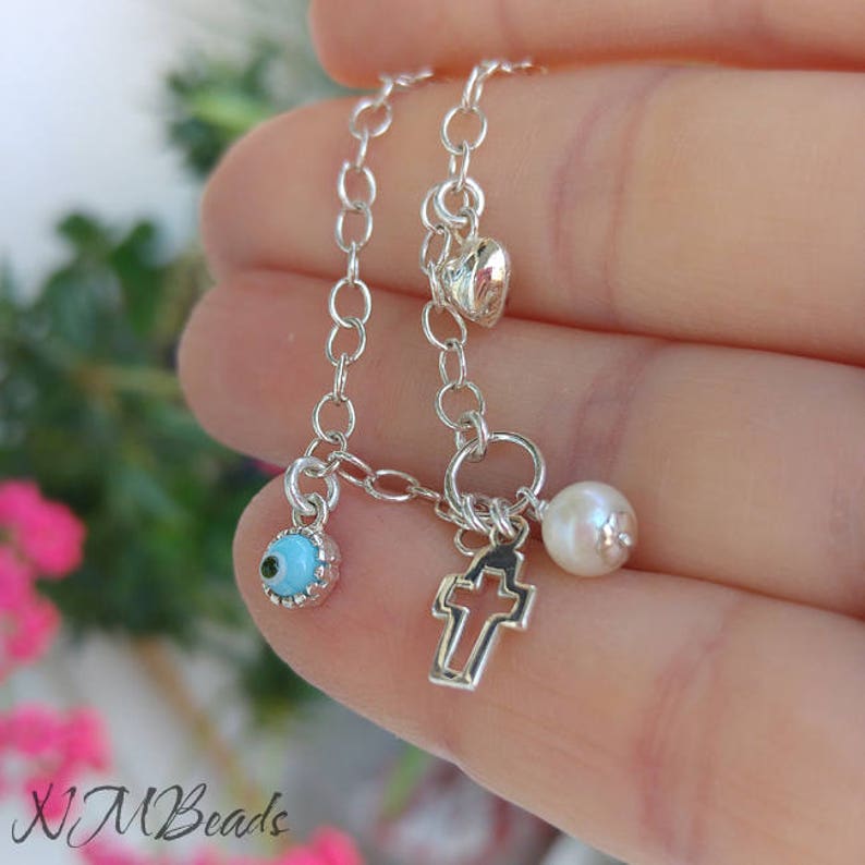 Kids Cross Charm Bracelet, Christening Baptism Gift For Boys Girls, Sterling Silver Charm Bracelet, Baby Protection Jewelry, Gift For Child image 4