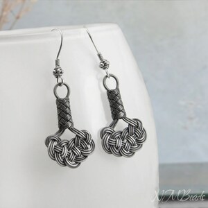 Celtic Knot Earrings, Oxidized Fine Silver Wire Wrapped Earrings, Hand Braid Jewelry, Nautical Jewelry, OOAK Knot Jewelry, Gift For Her image 1