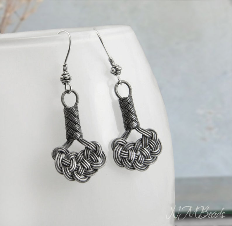 Celtic Knot Earrings, Oxidized Fine Silver Wire Wrapped Earrings, Hand Braid Jewelry, Nautical Jewelry, OOAK Knot Jewelry, Gift For Her image 1