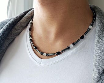 Mens Hematite Choker, Sterling Silver Gemstone Beaded Men Necklace, Moonstone Onyx Energy Chakra Necklace, Boyfriend Gift, Gift For Him