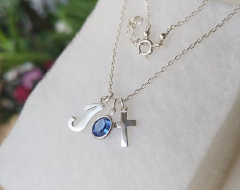 Personalized Letter Necklace With Cross, Birthstone Charm Necklace, Personalized Jewelry, Confirmation Gift, Religious Birthday Gift For Her