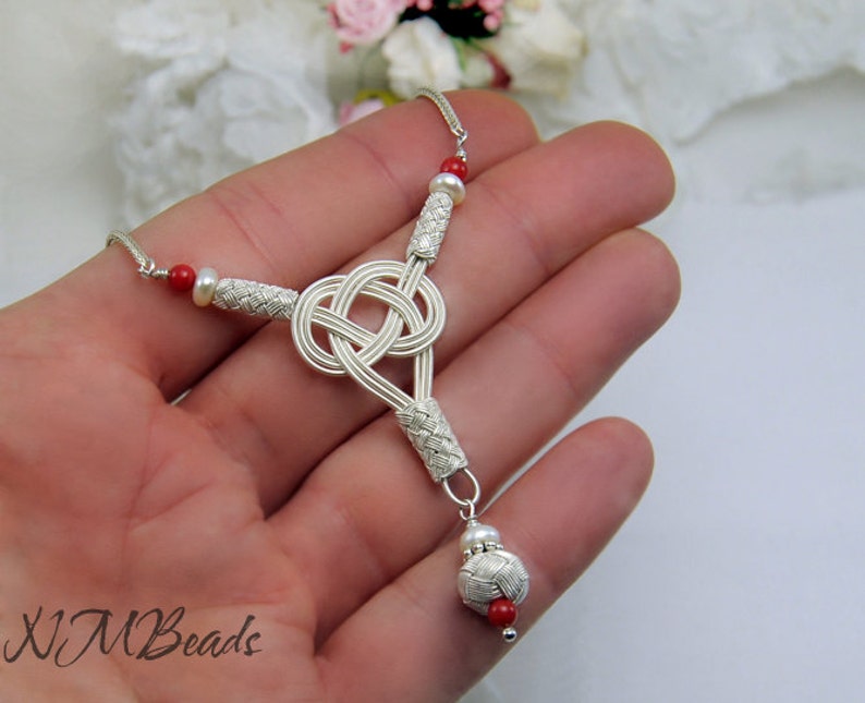 Fine Silver Celtic Love Knot Necklace, OOAK Y Drop Necklace, Wire Wrapped Statement Wedding BridalTimeless Jewelry, Anniversary Gift For Her image 3