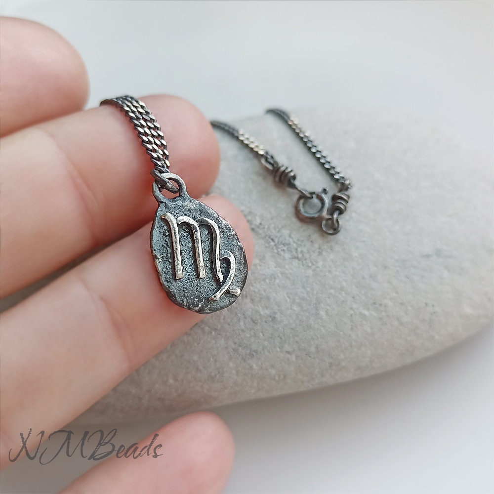 Mens Virgo Necklace, Oxidized Silver Virgo Sign Pendant, OOAK Rustic Horoscope Jewelry, Zodiac Astrology Jewelry, Birthday Gift For Him