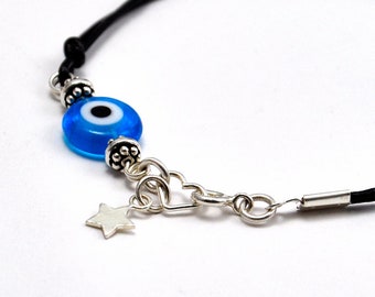 Evil Eye Bracelet With Star Charm Black Leather Sterling Silver Simple Skinny Good Luck Stackable Jewelry Friendship Teenage Gift For Her