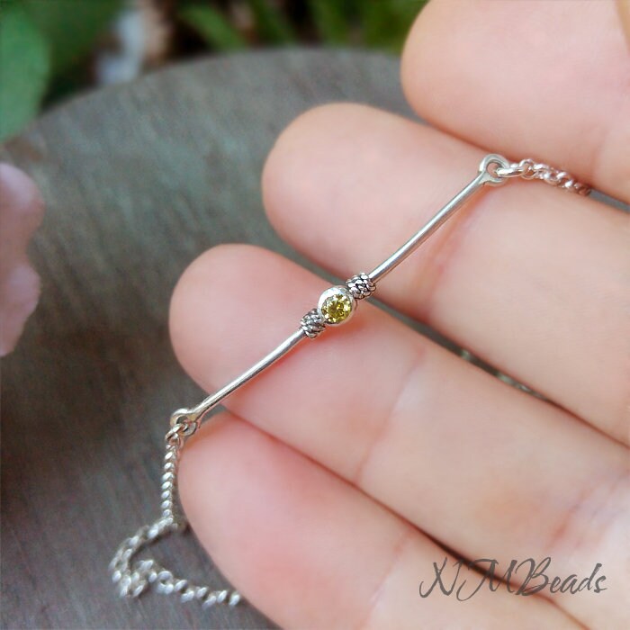 Delicate Birthstone Bar Bracelet, Sterling Silver Skinny