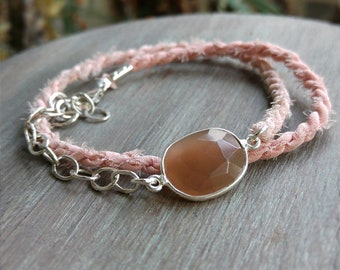 Boho Chic Peach Moonstone Bracelet, Sterling Silver Layered Silk Bracelet, Pink Moonstone Jewelry, OOAK Gemstone Jewelry, Mother's Day Gift