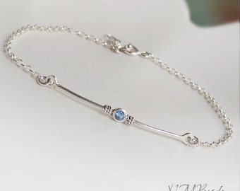 Delicate Bar Bracelet With Blue Cz, Sterling Silver Skinny Bracelet, December Birthstone Bracelet, Minimalist Jewelry, Birthday Gift For Her