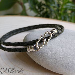Mens Braided Leather Double Wrap Bracelet, Sterling Silver S Clasp Leather Bracelet, Unisex Boho Chic OOAK Casual Jewelry, Gift For Him