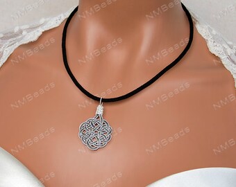 Celtic Braid Sun Knot Pendant With Black Cord, Fine Silver Celtic Knot Necklace, Wire Wrapped Jewelry, OOAK Statement Jewelry, Gift For Mom