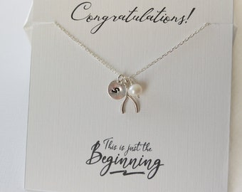 Personalized Wishbone Necklace, Silver Initial Disc Charm Necklace, Lucky Jewelry, BFF Gift, Graduation Celebrity Birthday Gift For Her