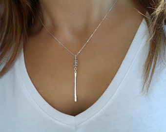 Delicate Stick Bar Necklace, Sterling Silver Stick Pendant, Skinny Simple Bar, Wire Wrapped Quartz Gemstone Jewelry, Birthday Gift For Her