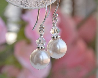 Pearl Earrings, Cyrstal Earrings, Sterling Silve Dangle Pearl Earrings, White Pearl Swarovski Crystal Jewelry, Wedding Jewelry For Brides