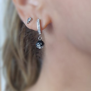 Black Rhinestone Ball Earrings, Crystal Tiny Ball Earrings, Sterling Silver Black Dangle Earrings, Bright Sparkly Wedding Bridal Jewelry