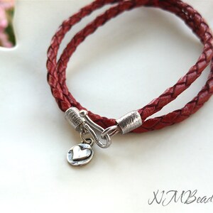 Double Wrap Red Leather Bracelet, OOAK Heart Charm Bracelet, Hook Clasp Bracelet, Braided Leather, Boho Chic Jewelry, Gift For Valentine
