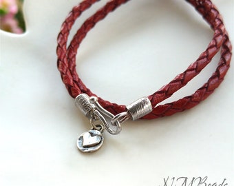 Double Wrap Red Leather Bracelet, OOAK Heart Charm Bracelet, Hook Clasp Bracelet, Braided Leather, Boho Chic Jewelry, Gift For Her